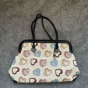 Vintage Brighton Large Multi Color Heart Print Canvas Leather Trim Tote Bag 90s